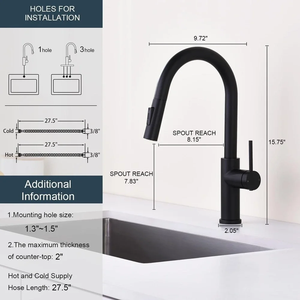 Black Kitchen Faucet Pull Down Sprayer Stainless Steel High Arc Sink Faucet